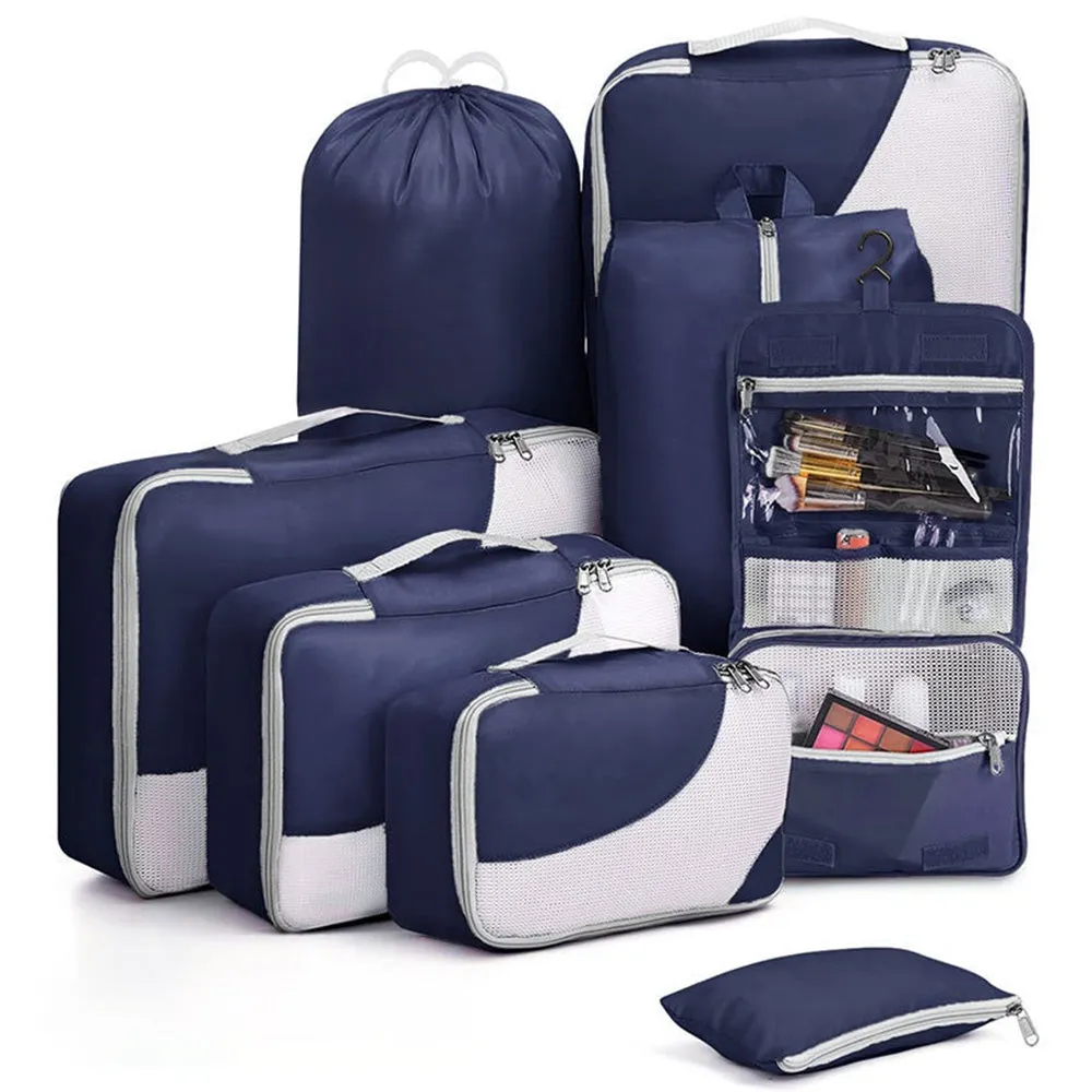 8Pcs Set Travel Packing Cubes Compression Storage Bags for Suitcases Navy