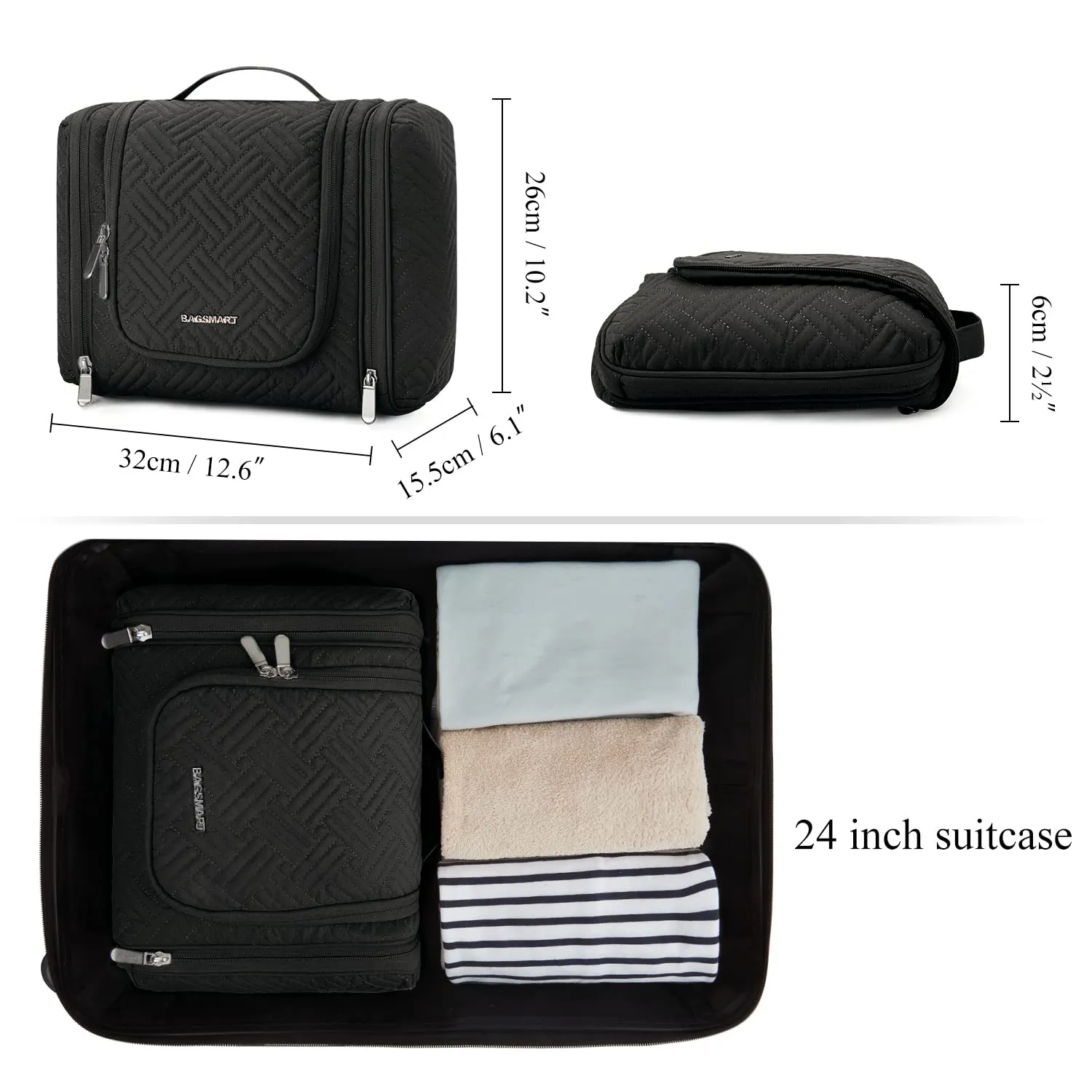 BAGSMART Large Toiletry Bag for Men, Travel Cosmetic Makeup Bag with Hanging Hook, Water-resistant Dopp kit Shaving Bag for Full Sized Container, Toiletries, Shampoo, Black-Large