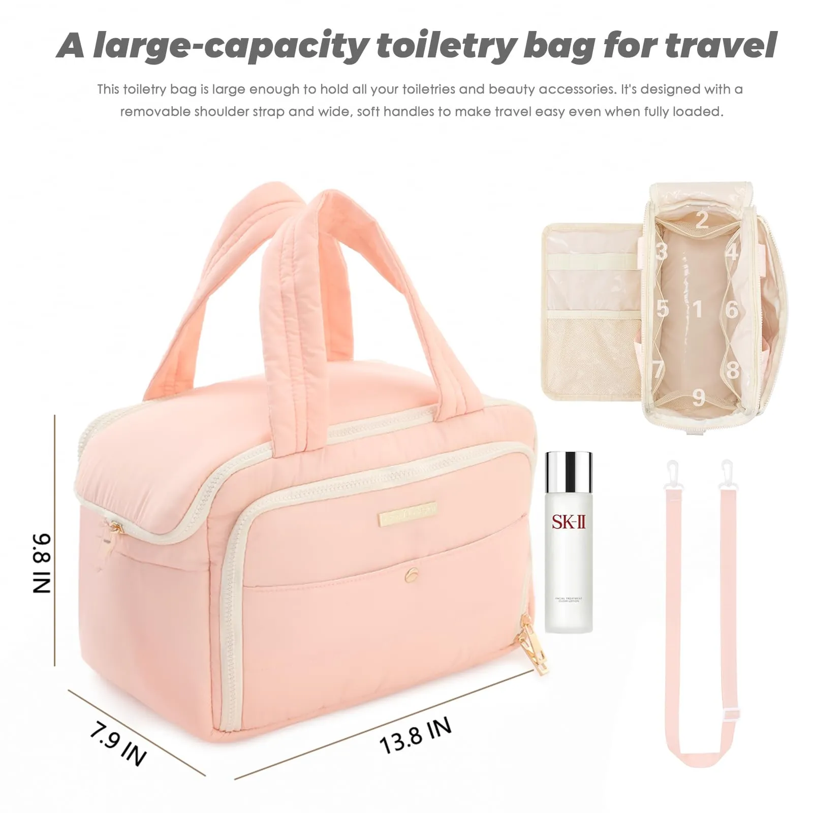 BBCREAT Travel Toiletry Bag for Women, Large Puffy Toiletry Organizer with Wide Handle, Waterproof Wide-open Cosmetic Bag Makeup Organizer for Toiletries Accessories Essentials (Pink)