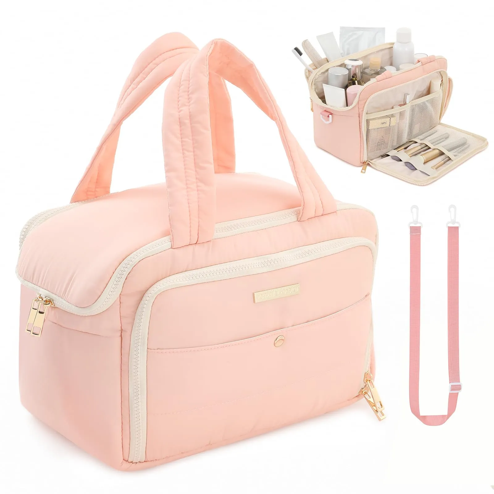 BBCREAT Travel Toiletry Bag for Women, Large Puffy Toiletry Organizer with Wide Handle, Waterproof Wide-open Cosmetic Bag Makeup Organizer for Toiletries Accessories Essentials (Pink)