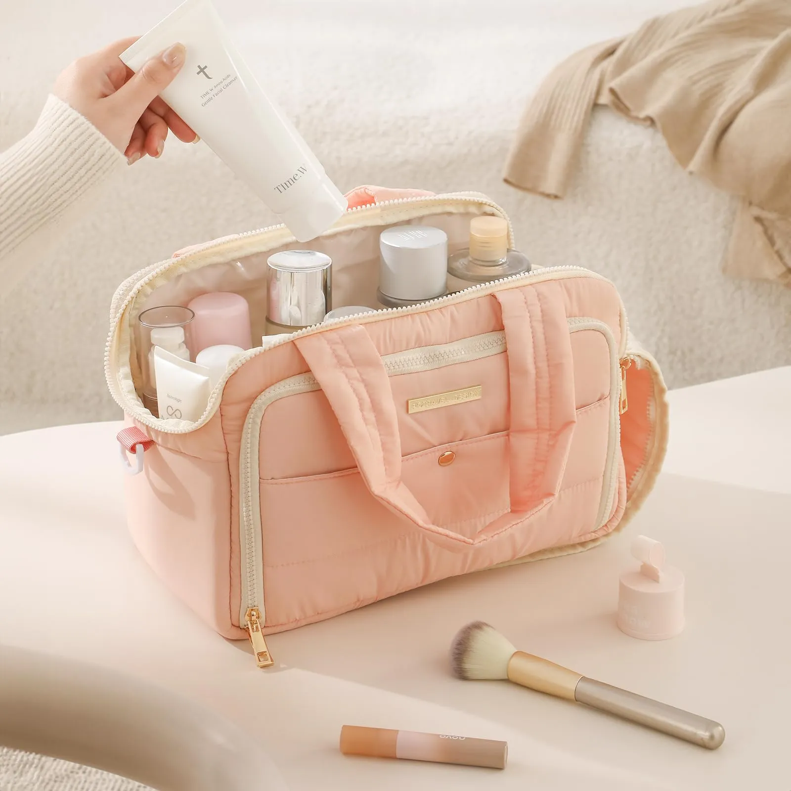 BBCREAT Travel Toiletry Bag for Women, Large Puffy Toiletry Organizer with Wide Handle, Waterproof Wide-open Cosmetic Bag Makeup Organizer for Toiletries Accessories Essentials (Pink)