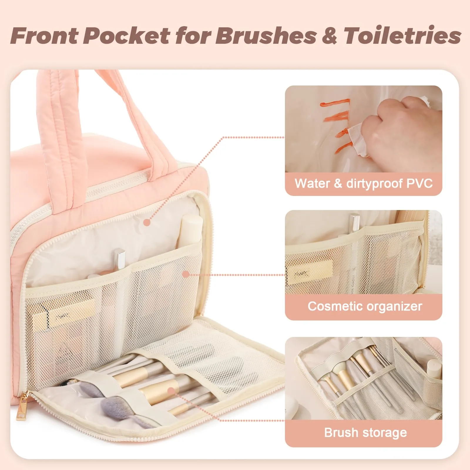 BBCREAT Travel Toiletry Bag for Women, Large Puffy Toiletry Organizer with Wide Handle, Waterproof Wide-open Cosmetic Bag Makeup Organizer for Toiletries Accessories Essentials (Pink)