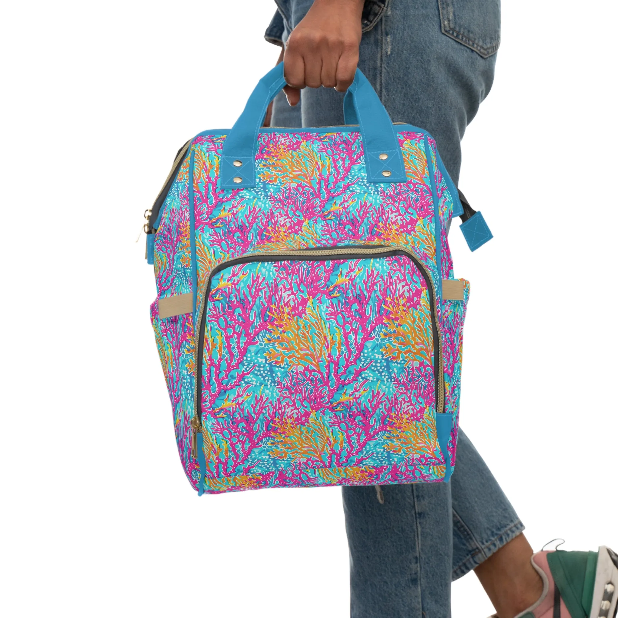 Coral Symphony: Bright Pink, Yellow, and Coral Dancing in the Blue Ocean Multifunctional Diaper Backpack