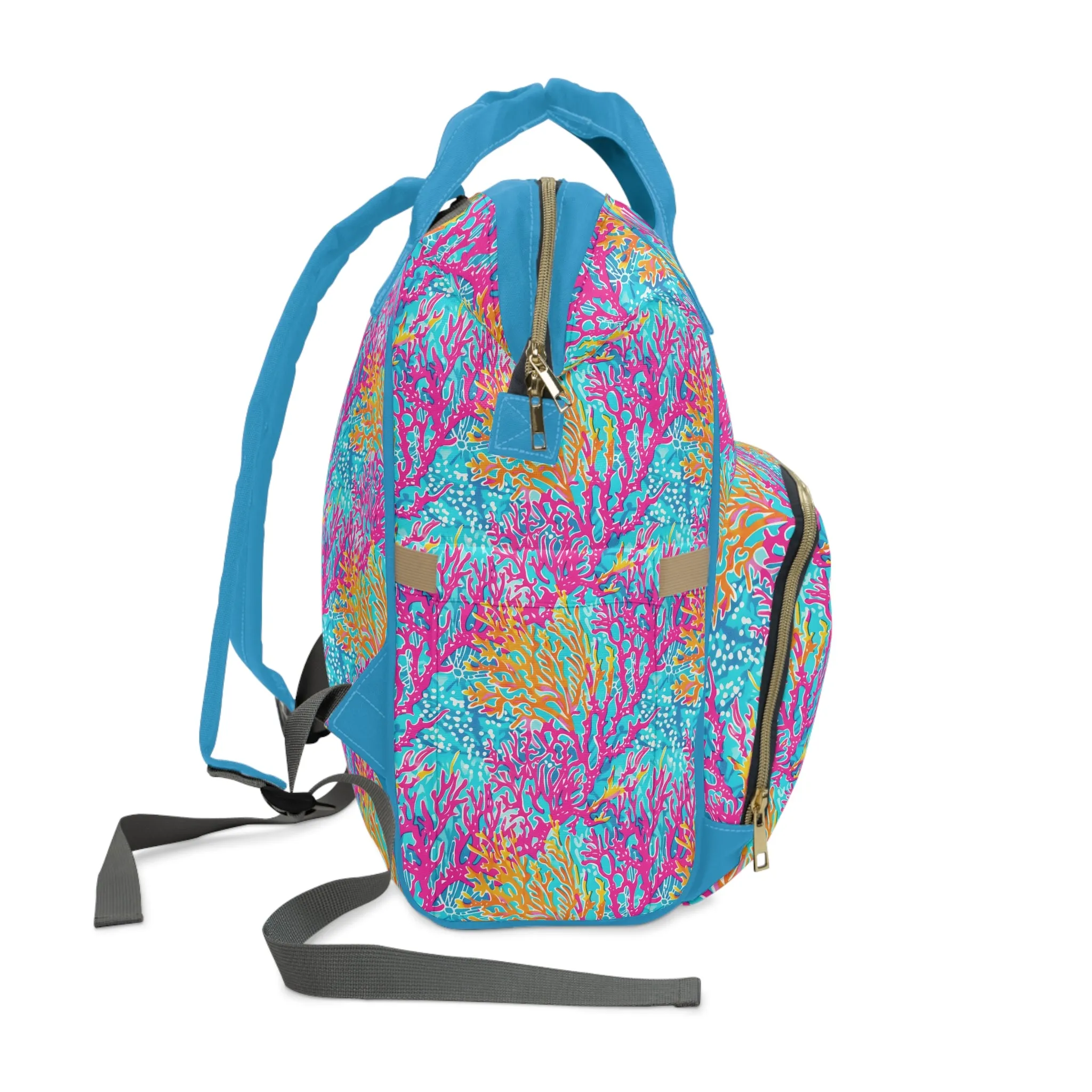 Coral Symphony: Bright Pink, Yellow, and Coral Dancing in the Blue Ocean Multifunctional Diaper Backpack