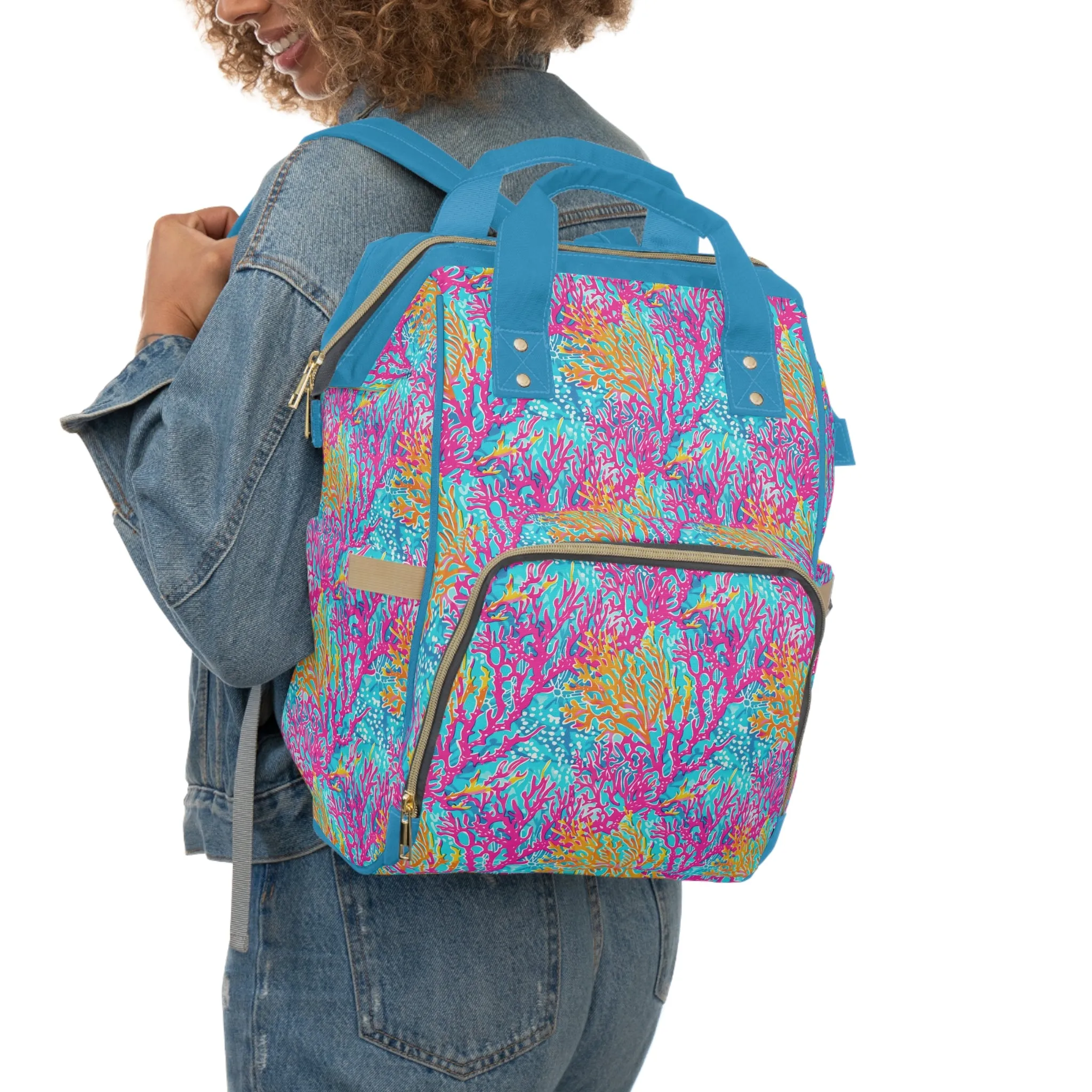 Coral Symphony: Bright Pink, Yellow, and Coral Dancing in the Blue Ocean Multifunctional Diaper Backpack