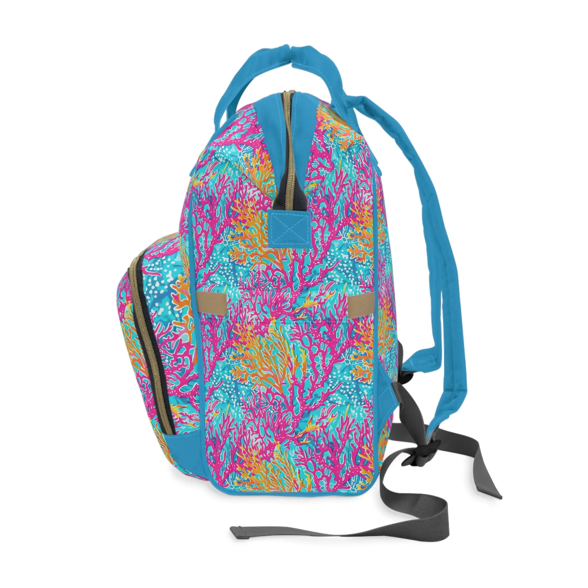 Coral Symphony: Bright Pink, Yellow, and Coral Dancing in the Blue Ocean Multifunctional Diaper Backpack