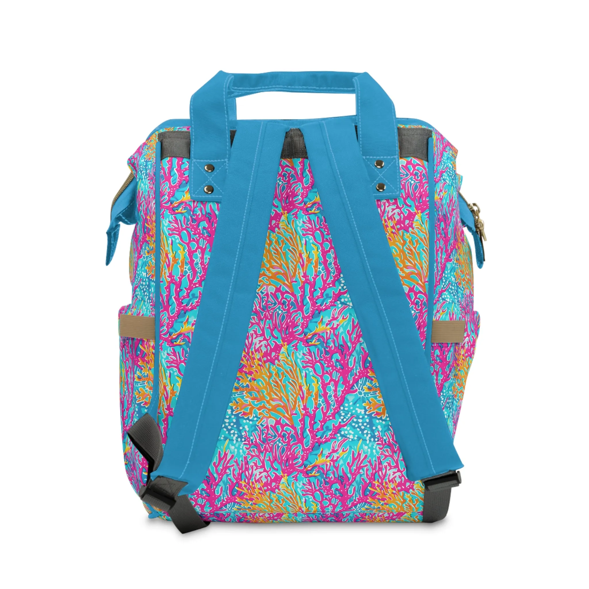 Coral Symphony: Bright Pink, Yellow, and Coral Dancing in the Blue Ocean Multifunctional Diaper Backpack