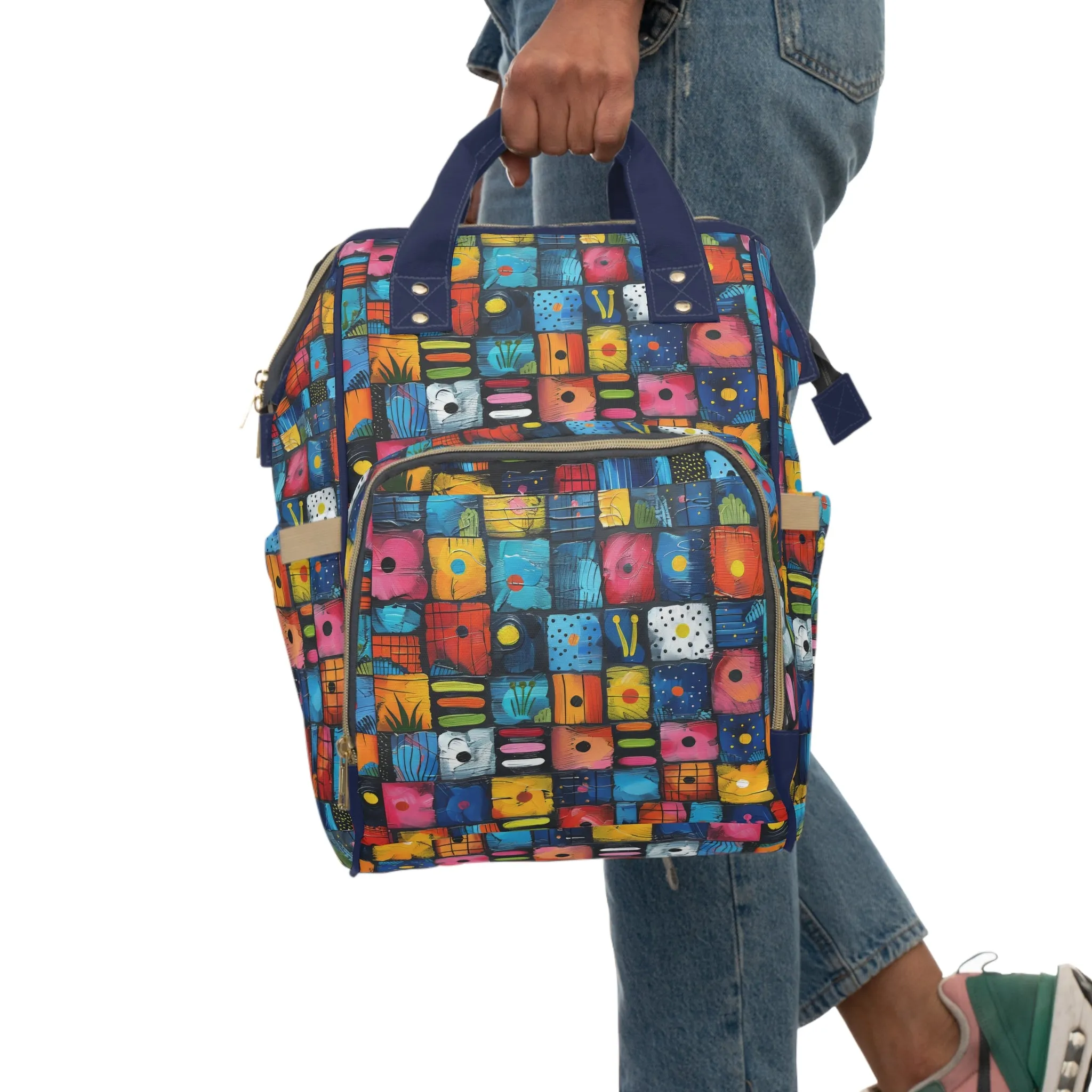 Dynamic Diversity Abstract Vibrant Squares with Unique Designs Multifunctional Diaper Backpack