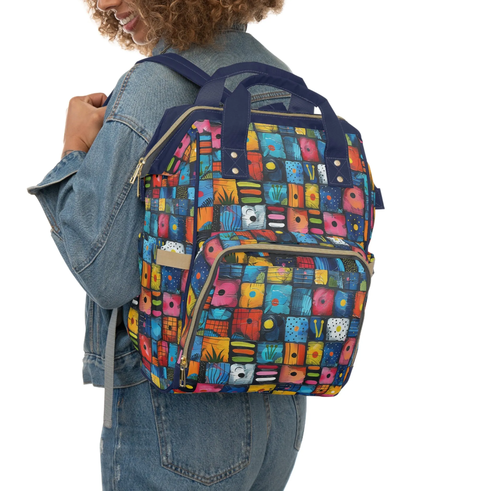 Dynamic Diversity Abstract Vibrant Squares with Unique Designs Multifunctional Diaper Backpack
