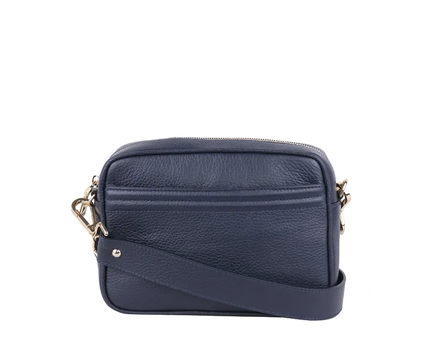 flo&sue Navy Pebbled Leather Crossbody