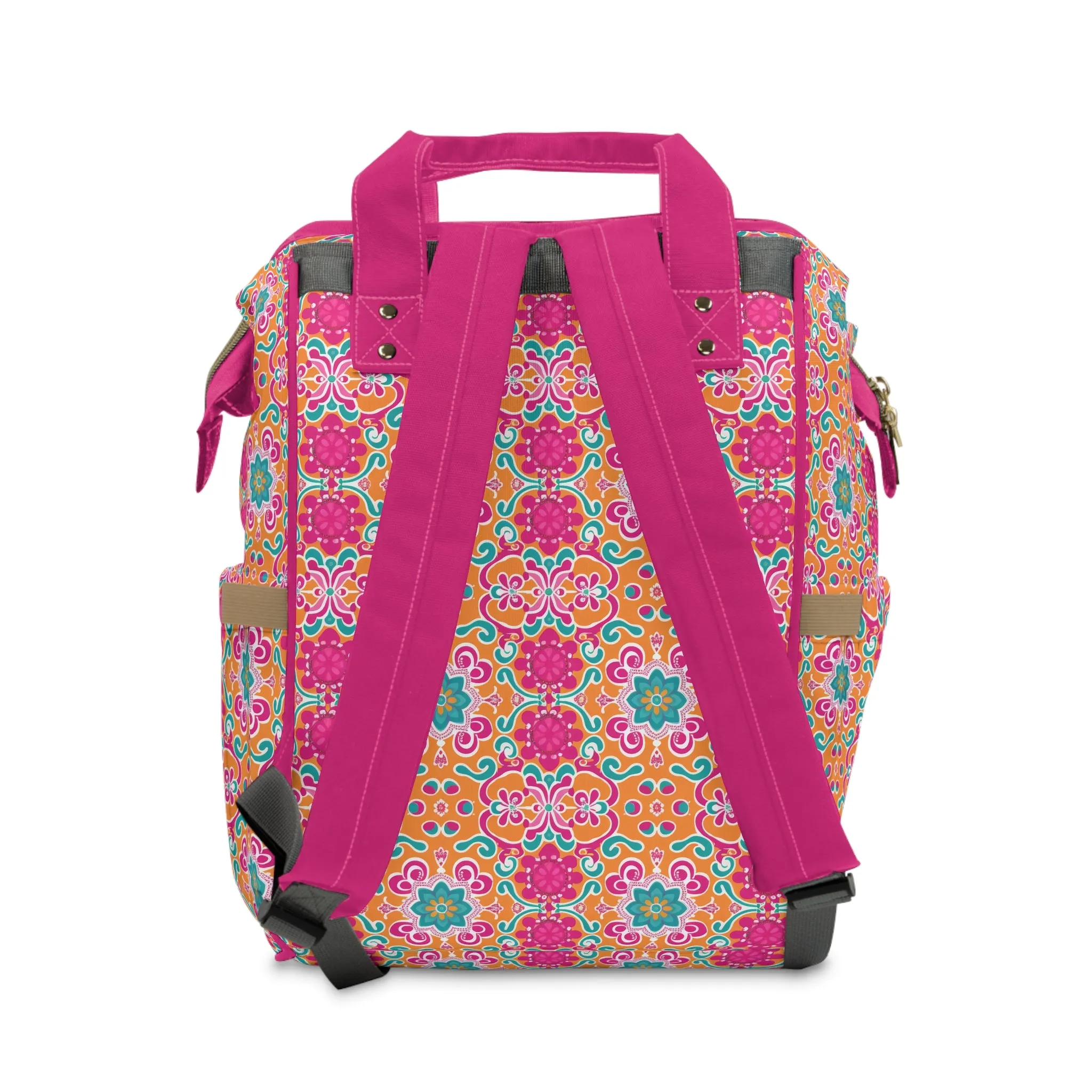 Kaleidoscope of Warm Tangerine, Lush Teal, and Lively Pink Blooms Multifunctional Diaper Backpack