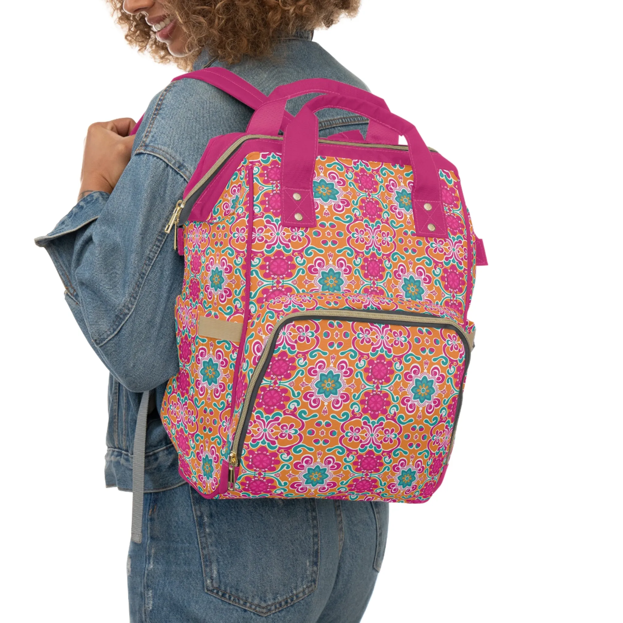 Kaleidoscope of Warm Tangerine, Lush Teal, and Lively Pink Blooms Multifunctional Diaper Backpack