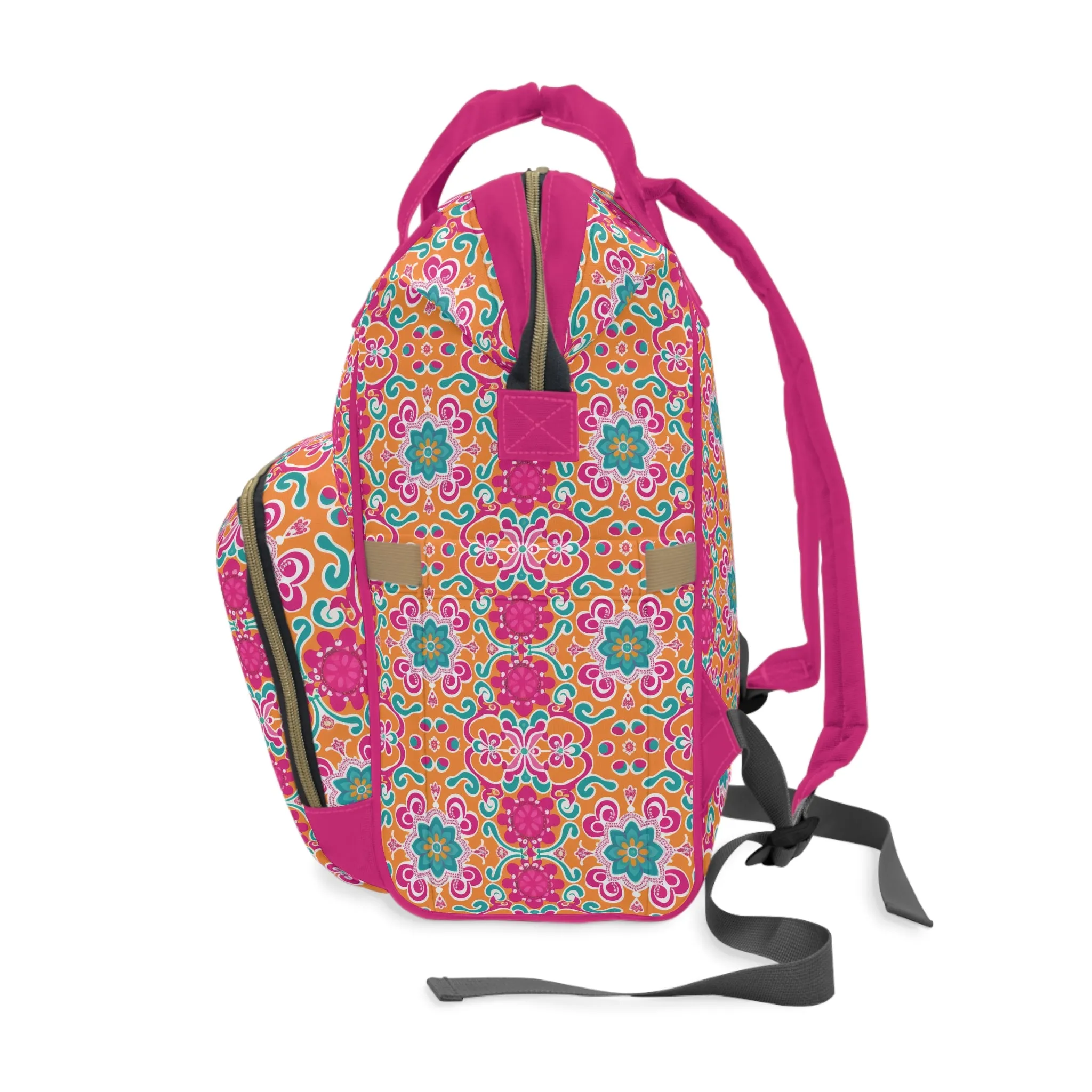 Kaleidoscope of Warm Tangerine, Lush Teal, and Lively Pink Blooms Multifunctional Diaper Backpack