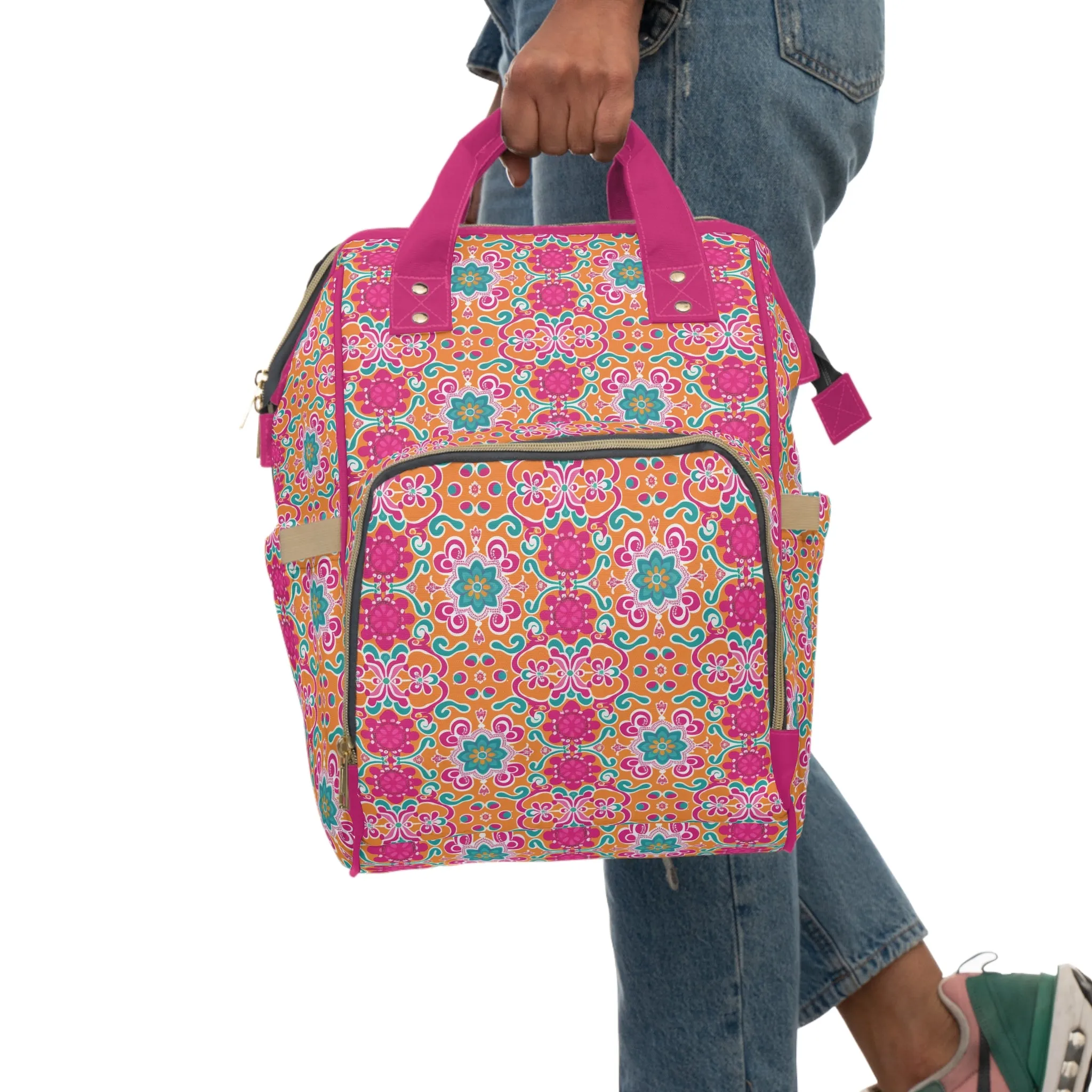 Kaleidoscope of Warm Tangerine, Lush Teal, and Lively Pink Blooms Multifunctional Diaper Backpack