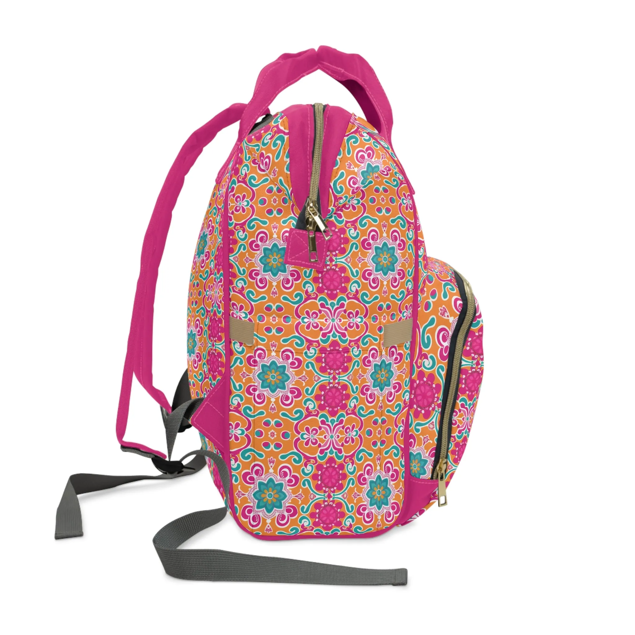 Kaleidoscope of Warm Tangerine, Lush Teal, and Lively Pink Blooms Multifunctional Diaper Backpack