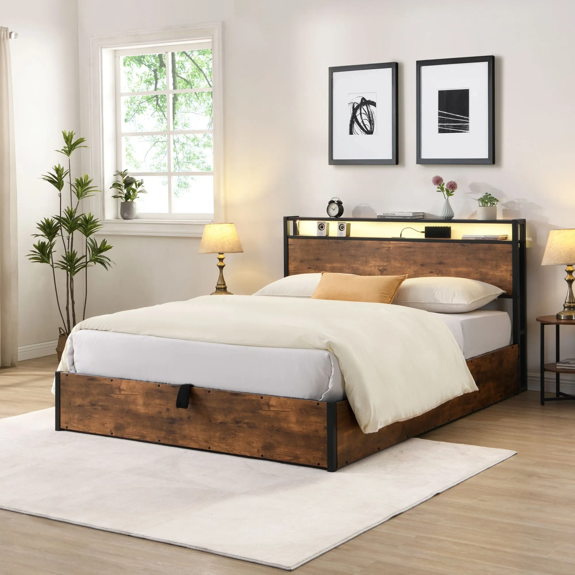 Lift-up Storage Bed Frame, Full Size Bed Frame with Bookcase Headboard & LED Lights, Wooden Platform Bed Frame with Charging Station, No Spring Box Needed, Rustic Brown