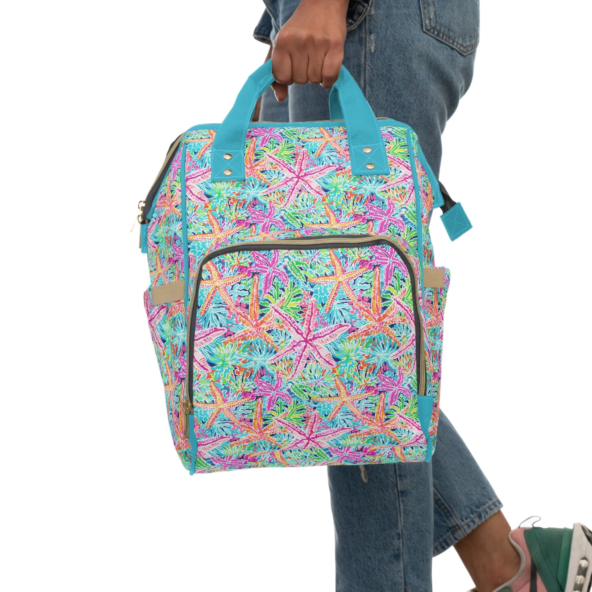 Oceanic Opulence: Vibrant Watercolor Starfish in a Sea of Color Multifunctional Diaper Backpack