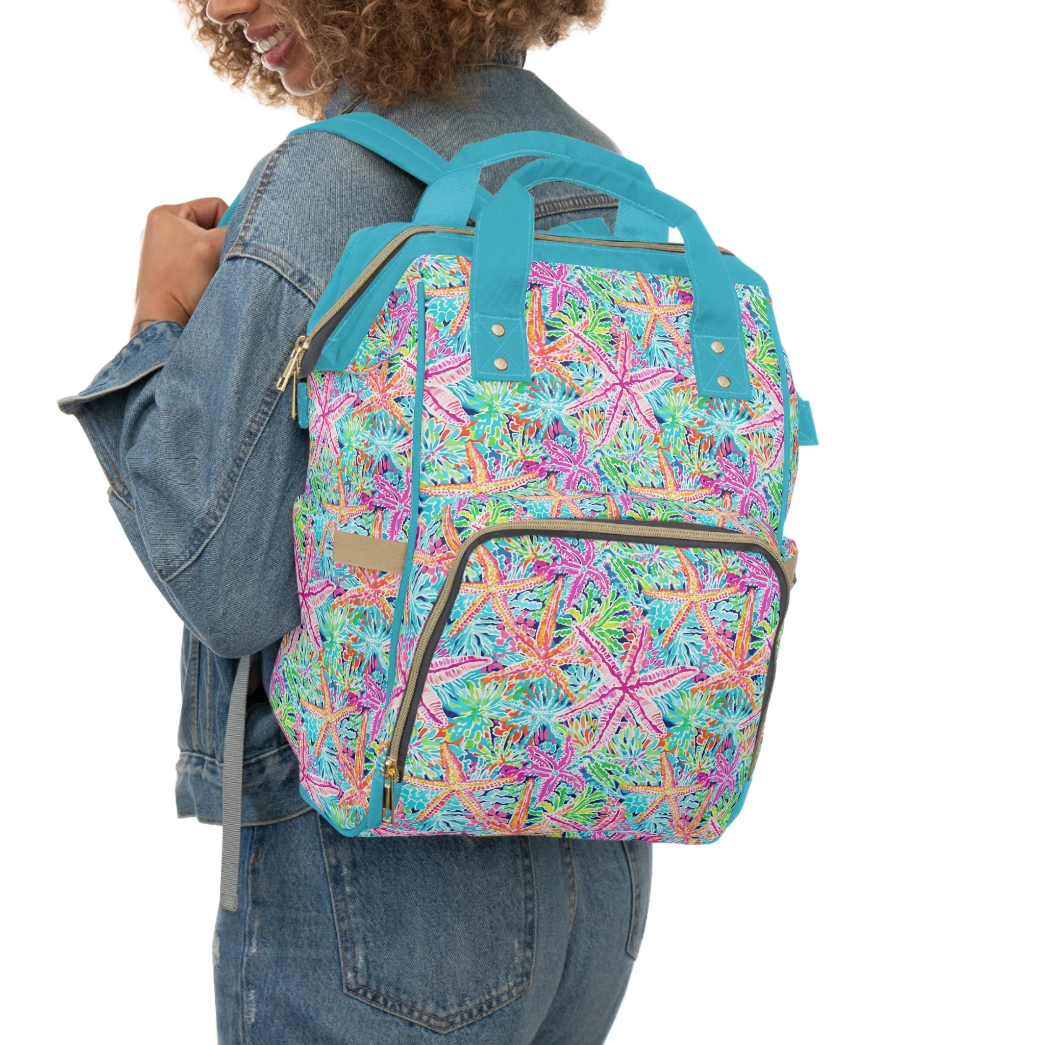 Oceanic Opulence: Vibrant Watercolor Starfish in a Sea of Color Multifunctional Diaper Backpack