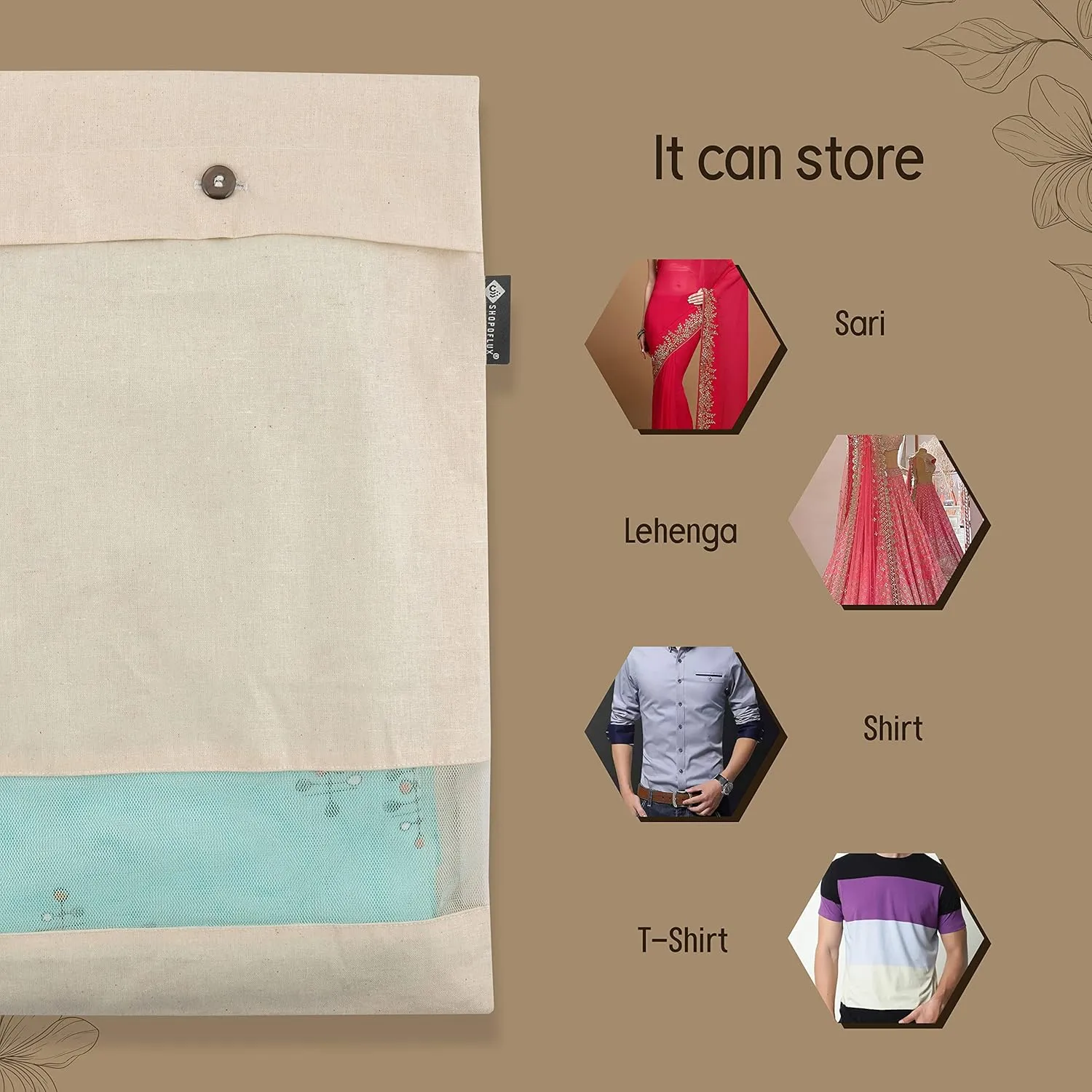SHOPOFLUX Cotton Saree Covers 6 Pieces | Saree Bags | Clothes Bag For Travelling And Wardrobe Organizer With Transparent Mesh Window (16 X 14 Inches) (6), Beige