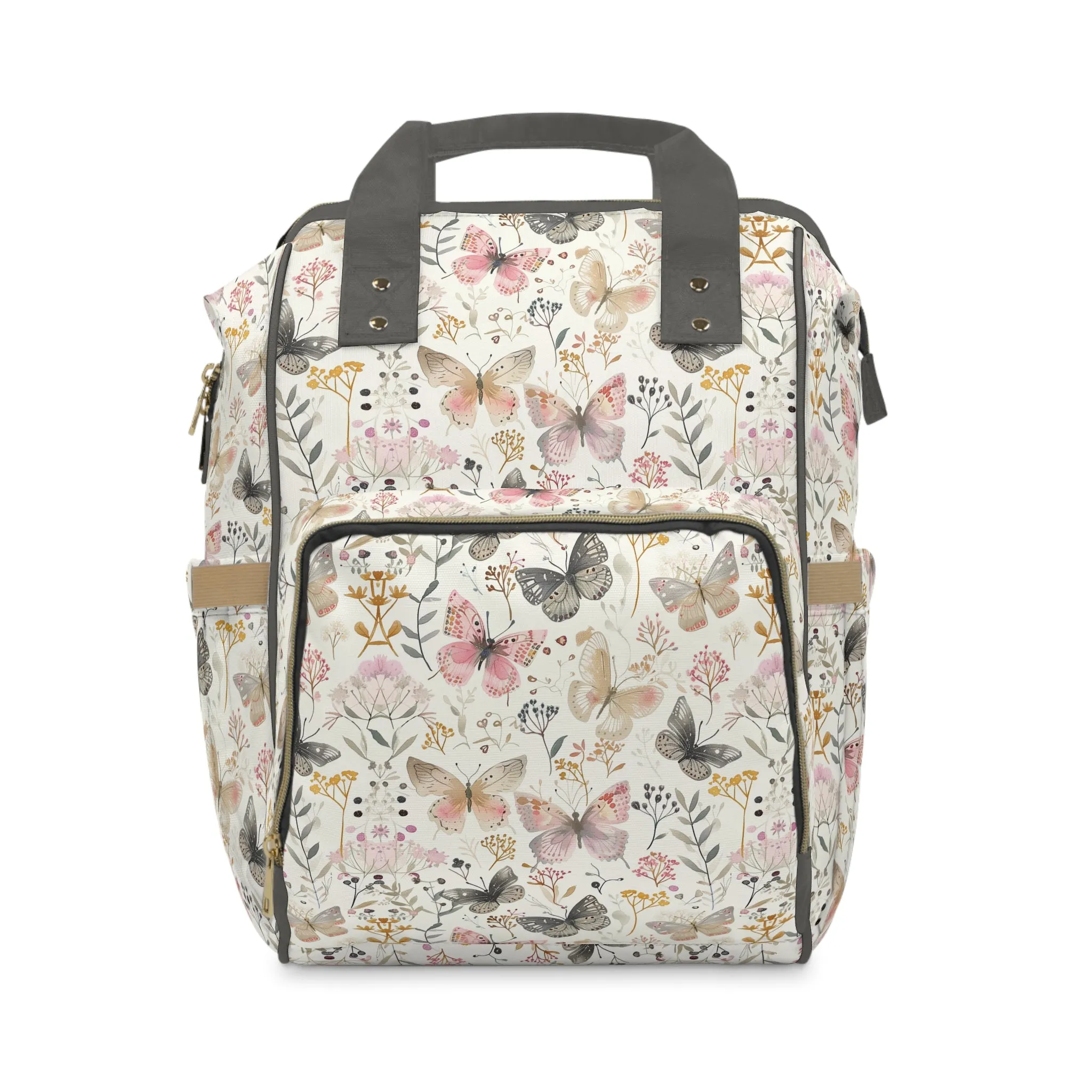 Soft Harmony: Butterflies and Flowers in Pastel Pinks and Grays Multifunctional Diaper Backpack