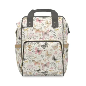 Soft Harmony: Butterflies and Flowers in Pastel Pinks and Grays Multifunctional Diaper Backpack