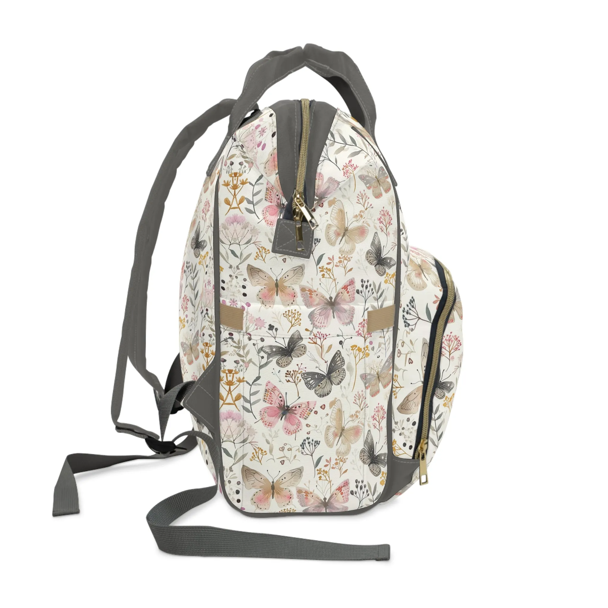 Soft Harmony: Butterflies and Flowers in Pastel Pinks and Grays Multifunctional Diaper Backpack