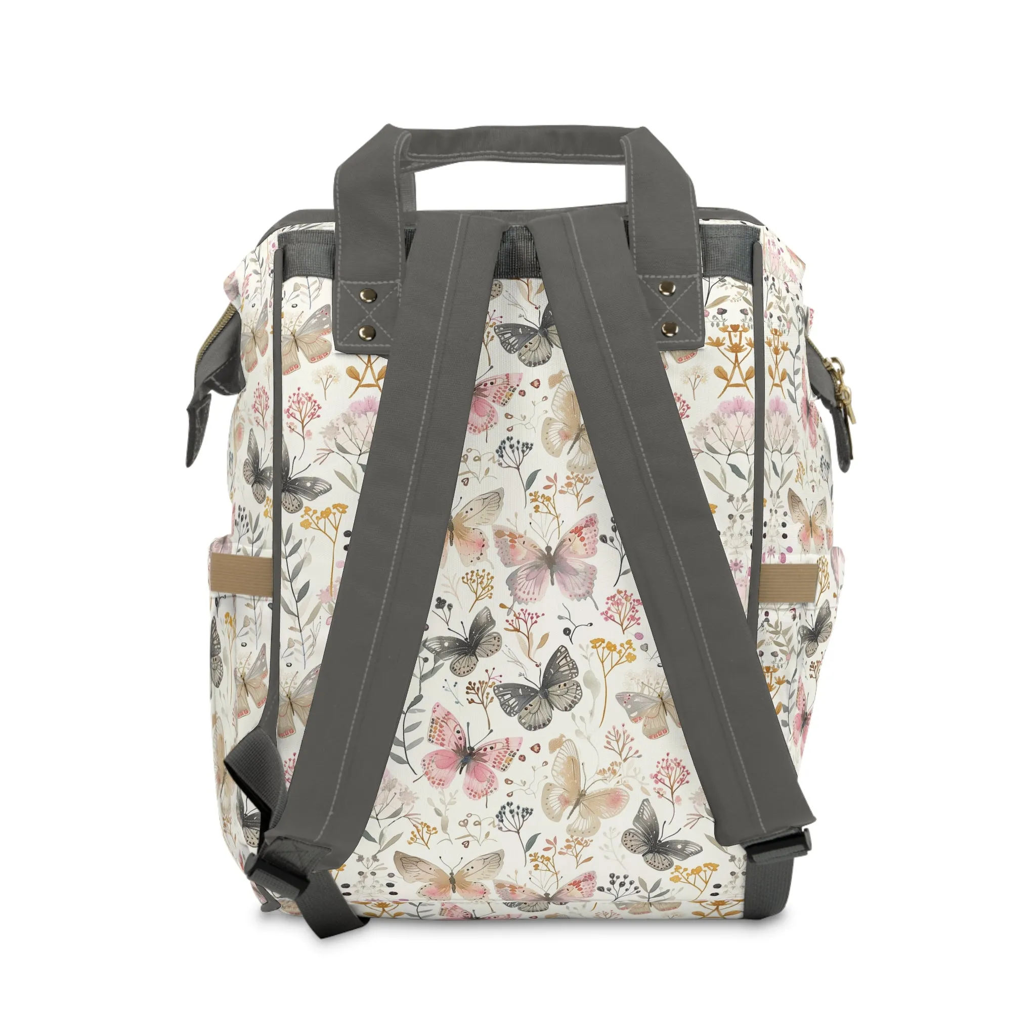 Soft Harmony: Butterflies and Flowers in Pastel Pinks and Grays Multifunctional Diaper Backpack