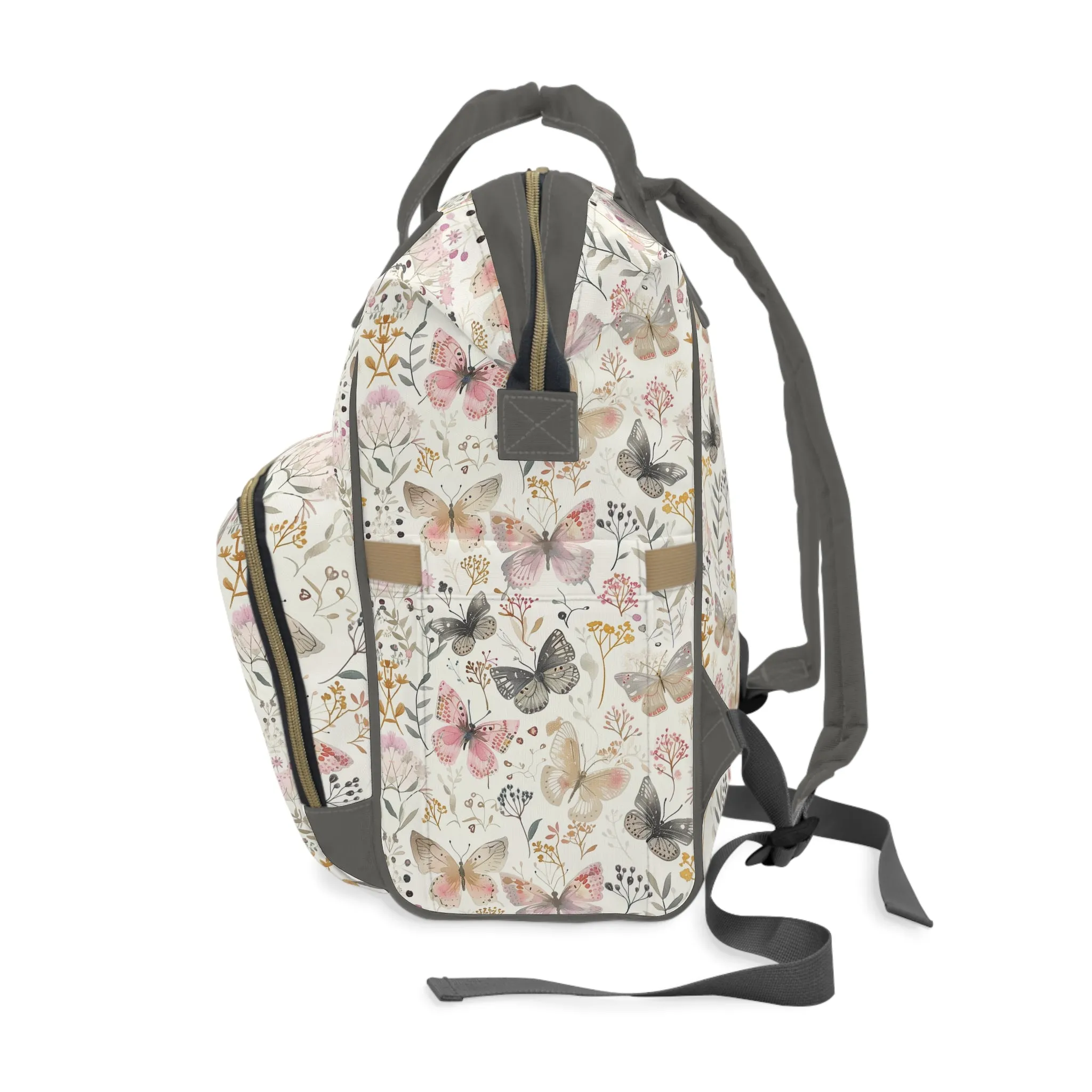 Soft Harmony: Butterflies and Flowers in Pastel Pinks and Grays Multifunctional Diaper Backpack