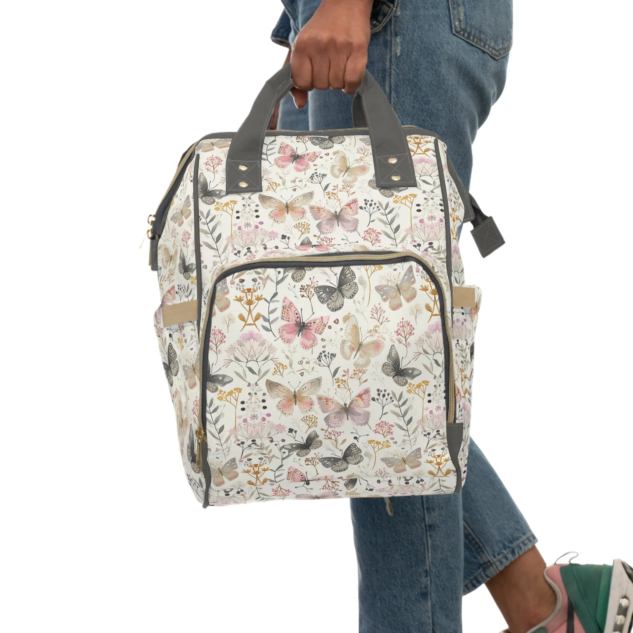 Soft Harmony: Butterflies and Flowers in Pastel Pinks and Grays Multifunctional Diaper Backpack
