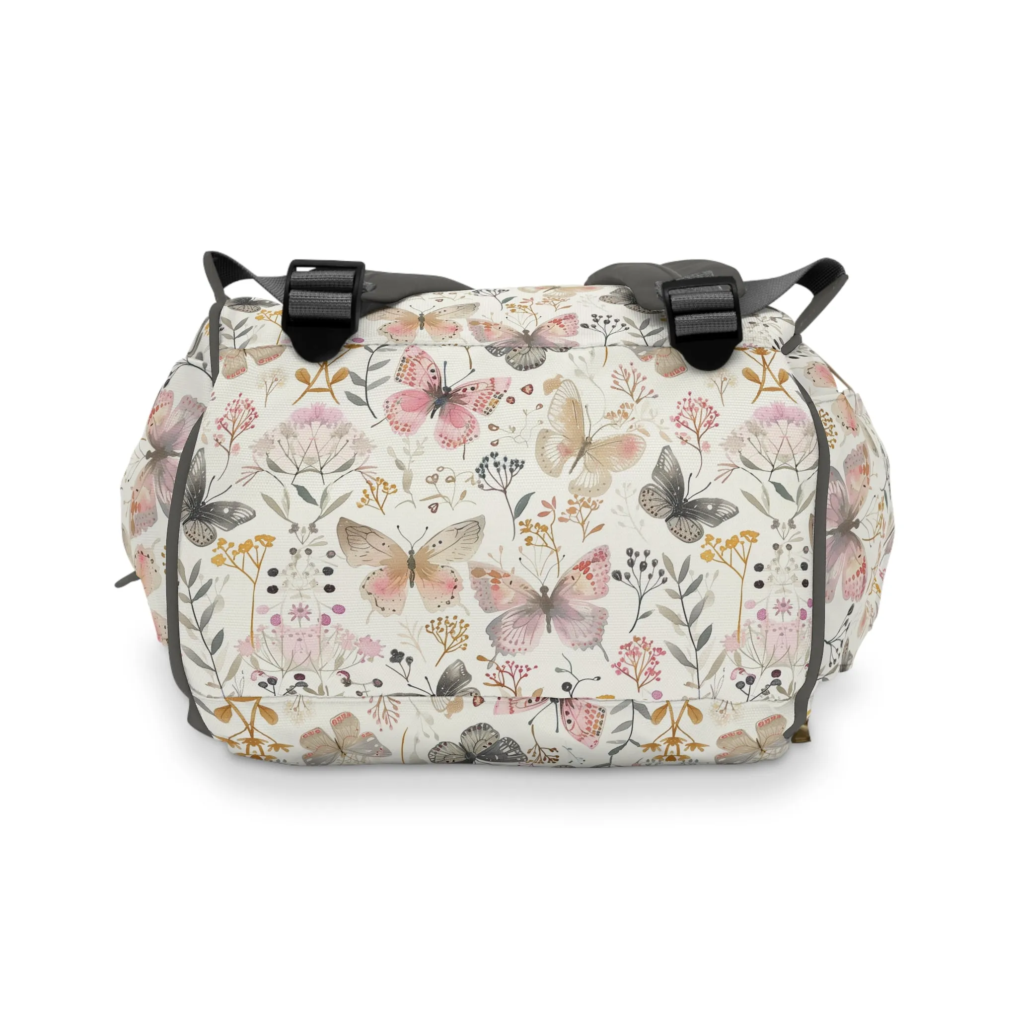 Soft Harmony: Butterflies and Flowers in Pastel Pinks and Grays Multifunctional Diaper Backpack