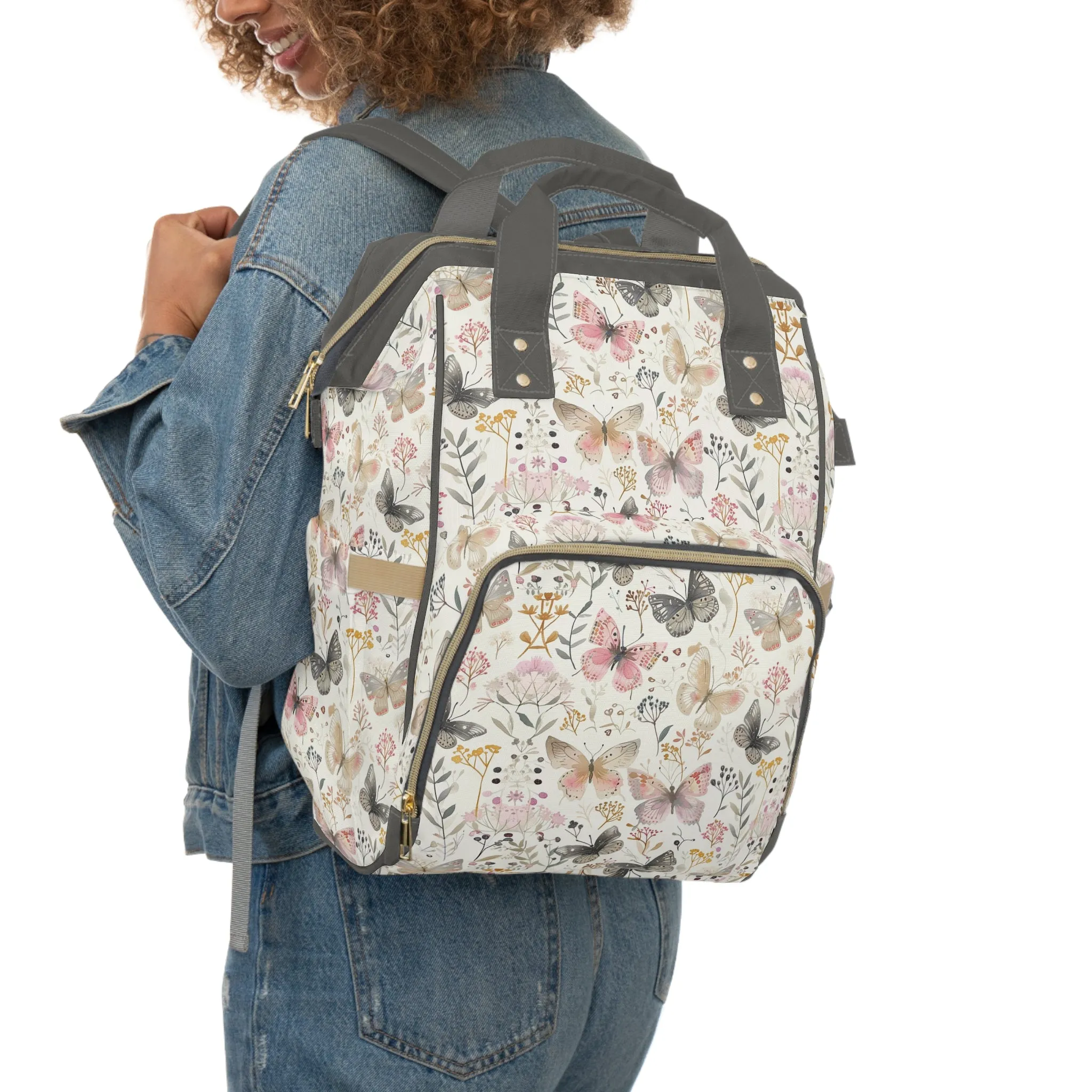 Soft Harmony: Butterflies and Flowers in Pastel Pinks and Grays Multifunctional Diaper Backpack
