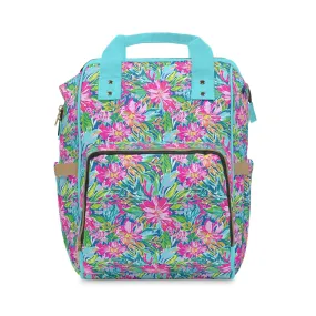 Sunlit Symphony: Large Blooms of Pink, Blue, and Green in Watercolor Multifunctional Diaper Backpack
