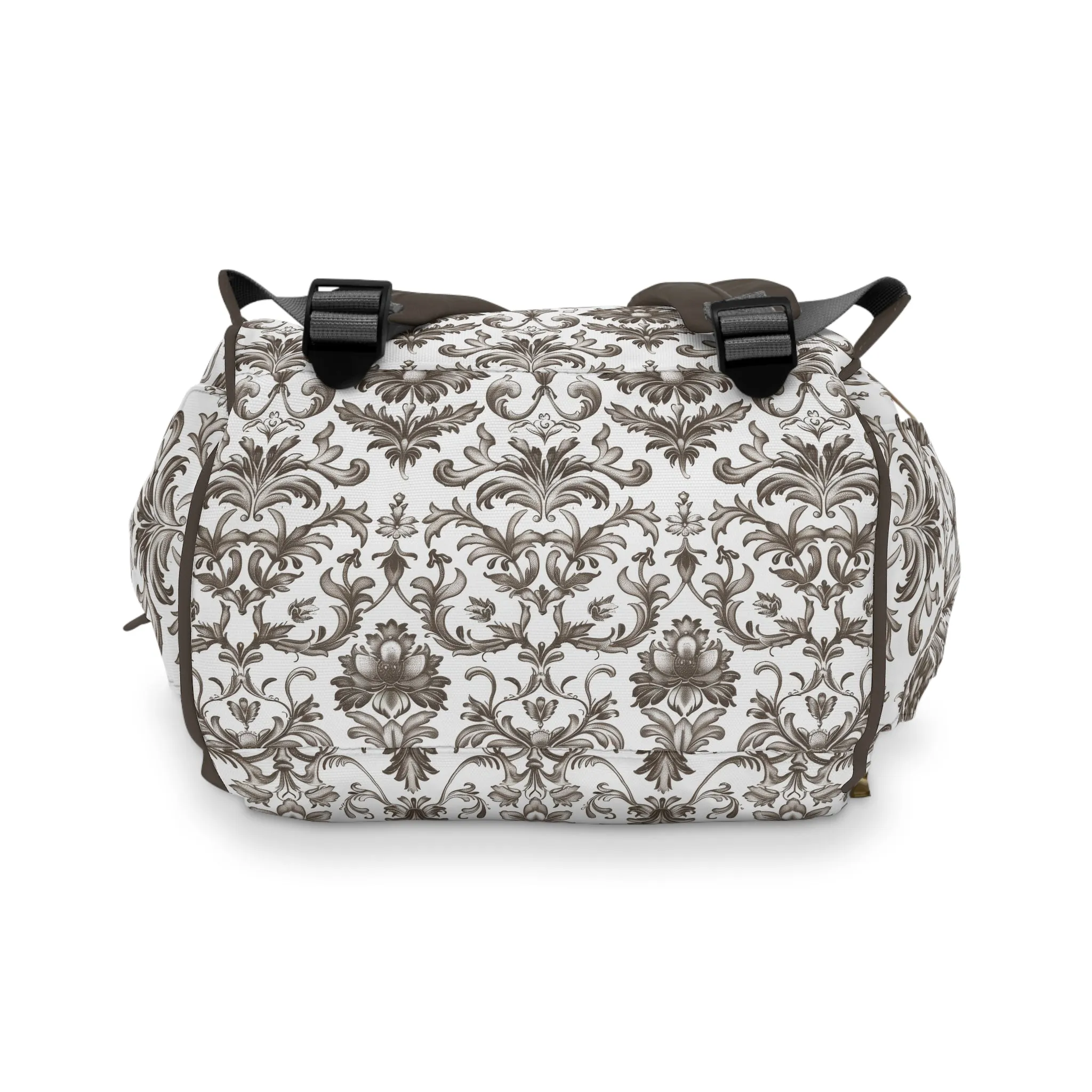 Timeless Rococo Elegance in Detailed Brown and White Floral Pattern Multifunctional Diaper Backpack