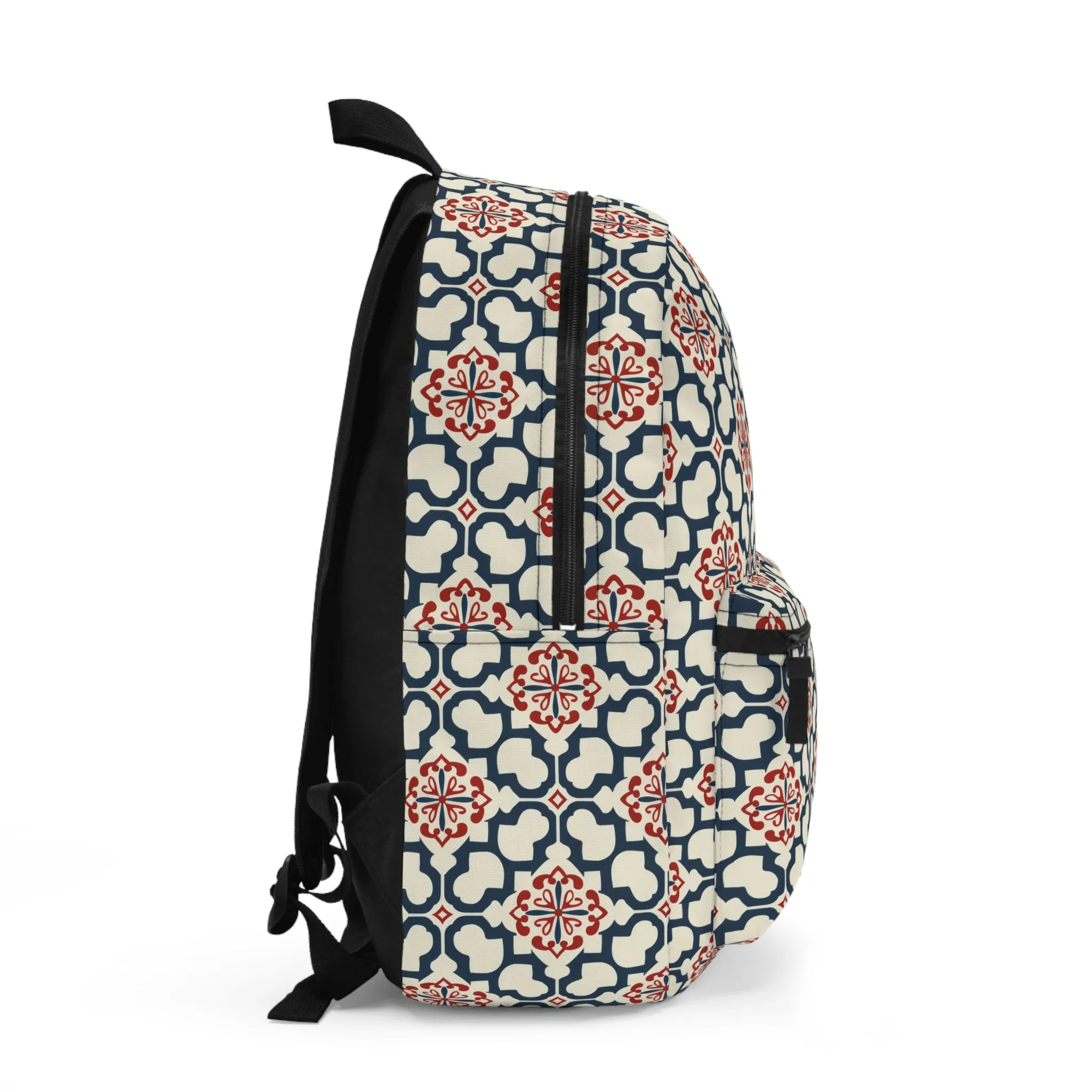 Traditional Korean Elegance in Bold Red and Navy Geometric Tile Pattern Lightweight Stylish Durable Backpack (Made in USA)