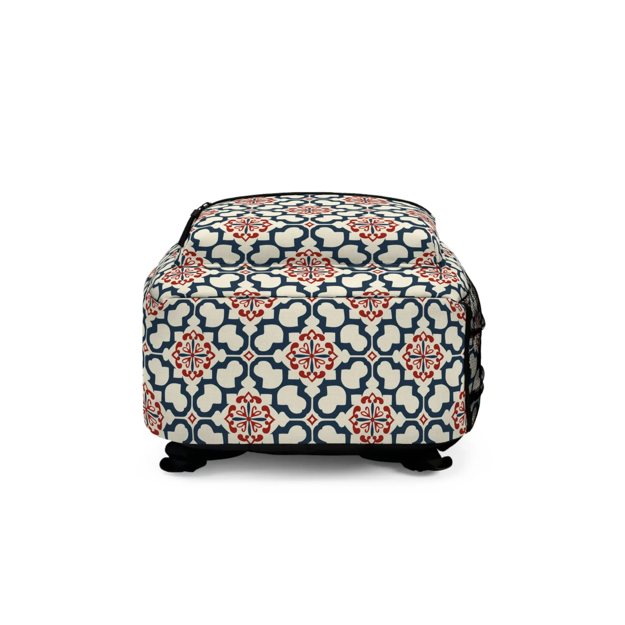 Traditional Korean Elegance in Bold Red and Navy Geometric Tile Pattern Lightweight Stylish Durable Backpack (Made in USA)