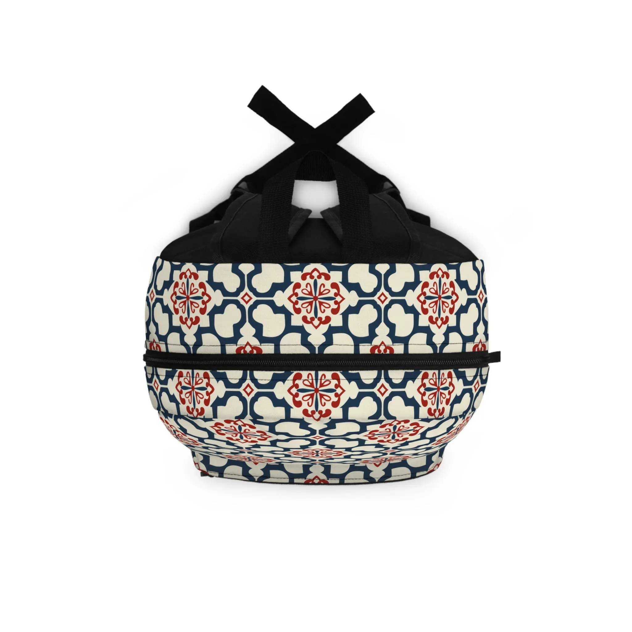 Traditional Korean Elegance in Bold Red and Navy Geometric Tile Pattern Lightweight Stylish Durable Backpack (Made in USA)