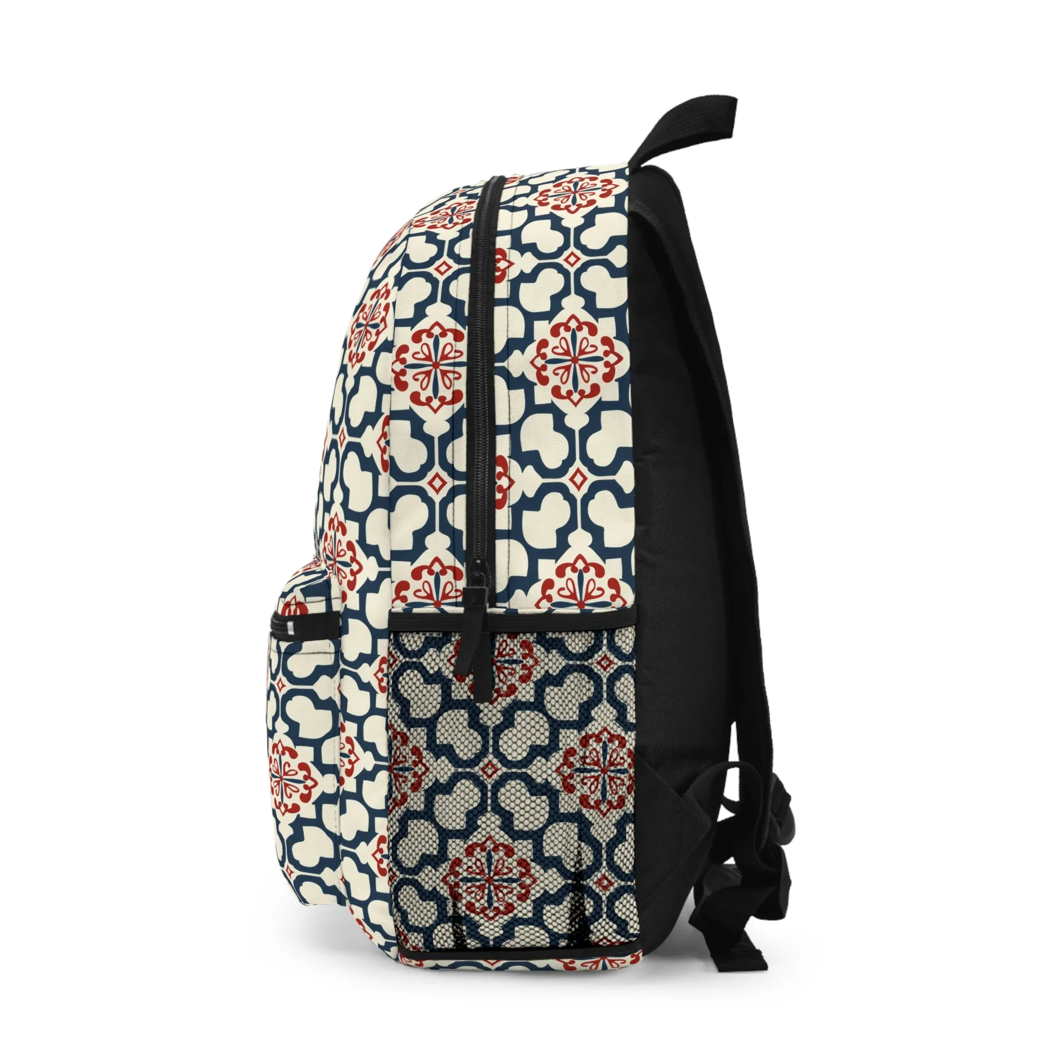 Traditional Korean Elegance in Bold Red and Navy Geometric Tile Pattern Lightweight Stylish Durable Backpack (Made in USA)