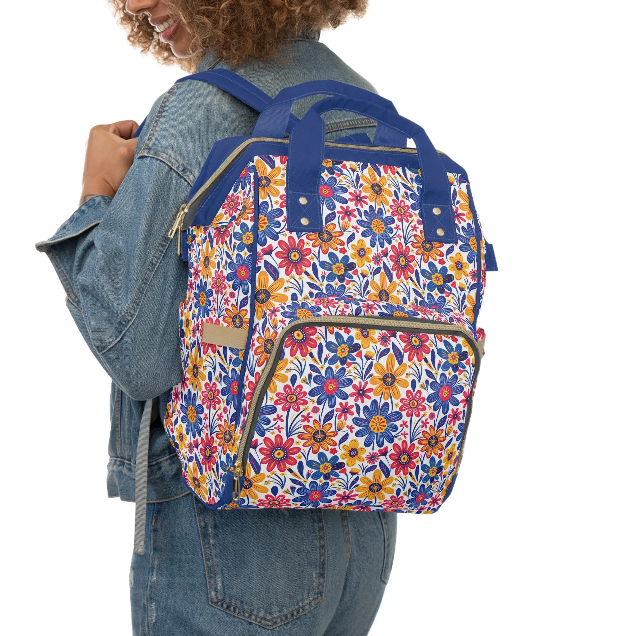 Vivid Blossom Bouquet: Large Hand-Drawn Spring Flowers Bursting with Vibrant Colors Multifunctional Diaper Backpack