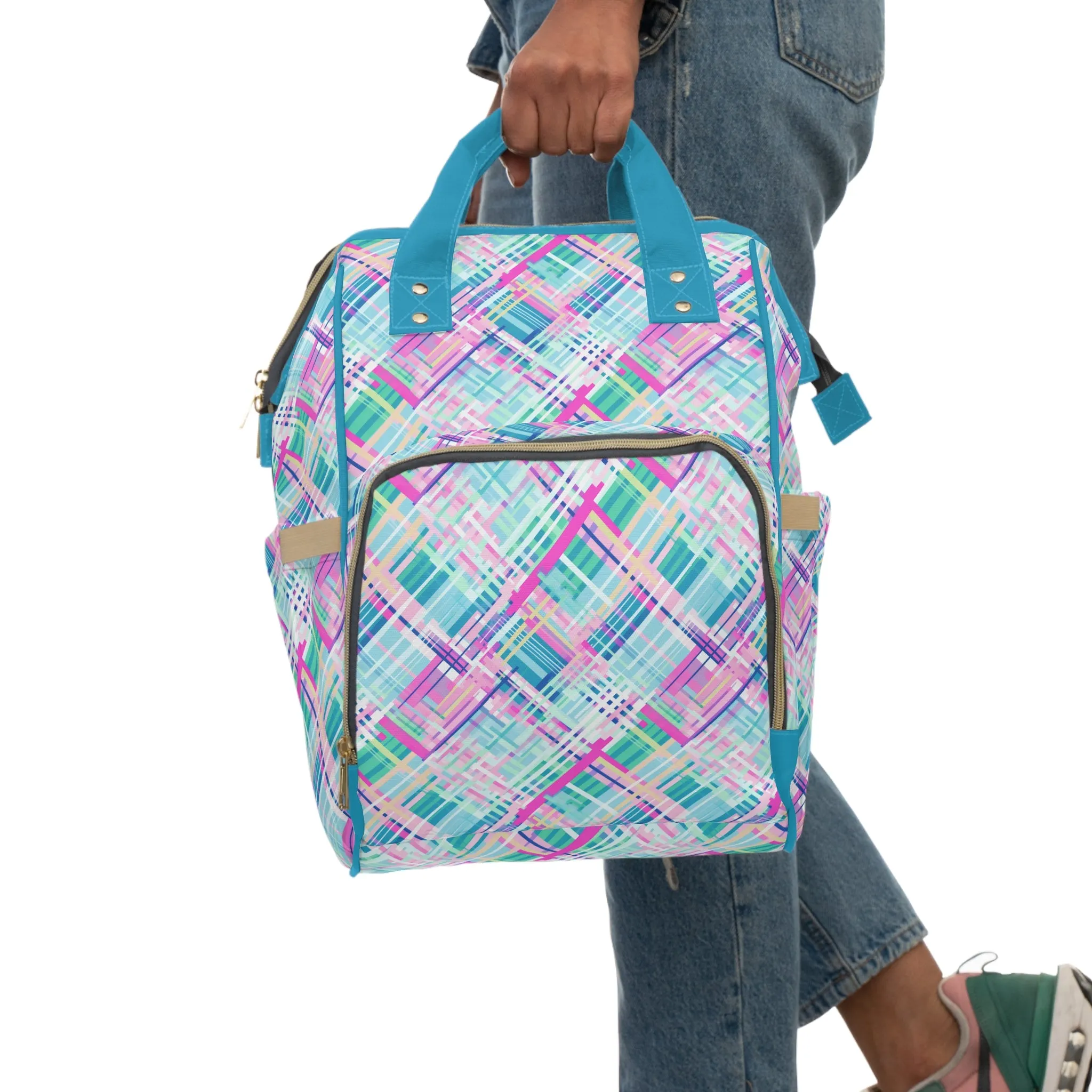 Whimsical Plaid Spectrum: Bright Pinks, Blues, and Greens in Abstract Multifunctional Diaper Backpack