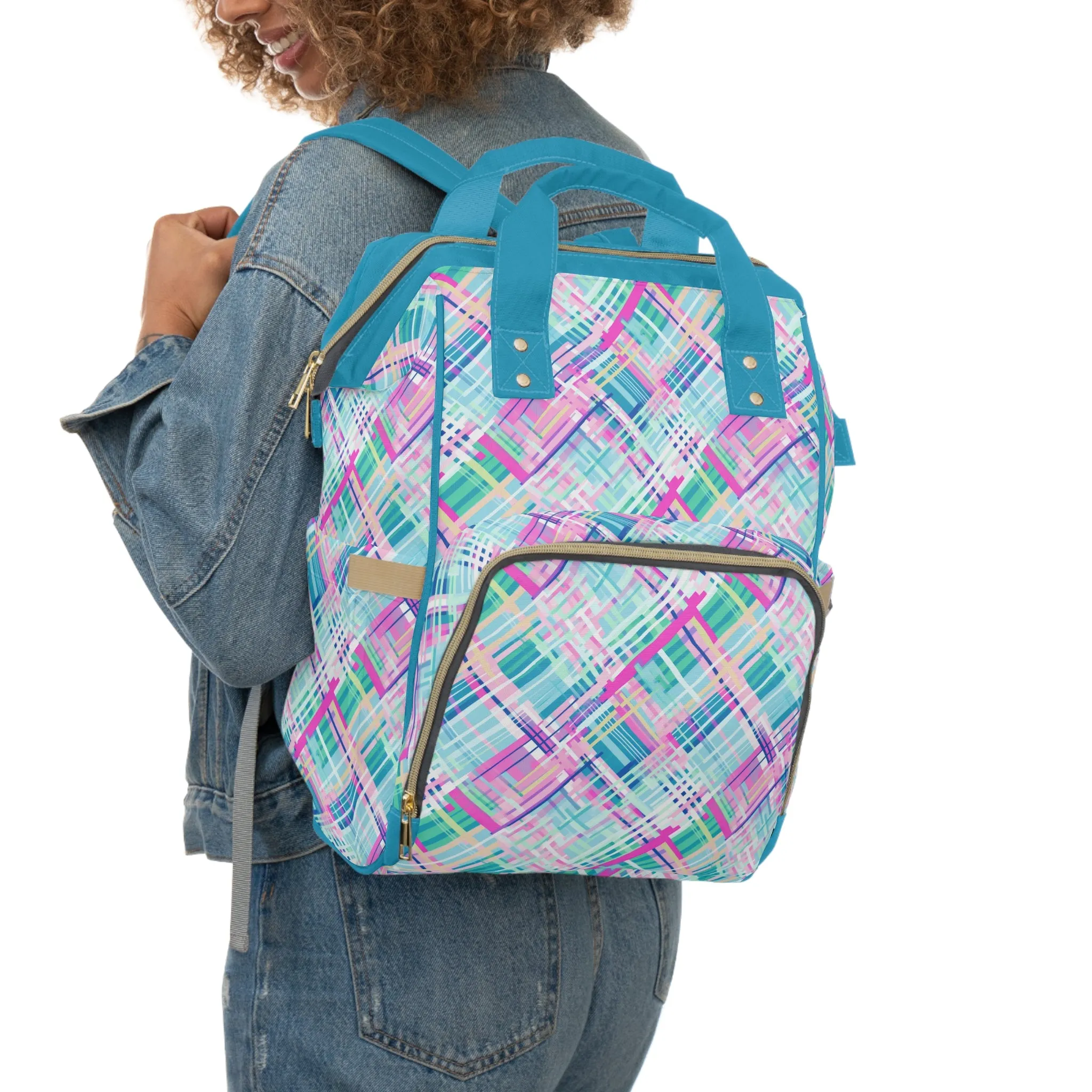 Whimsical Plaid Spectrum: Bright Pinks, Blues, and Greens in Abstract Multifunctional Diaper Backpack